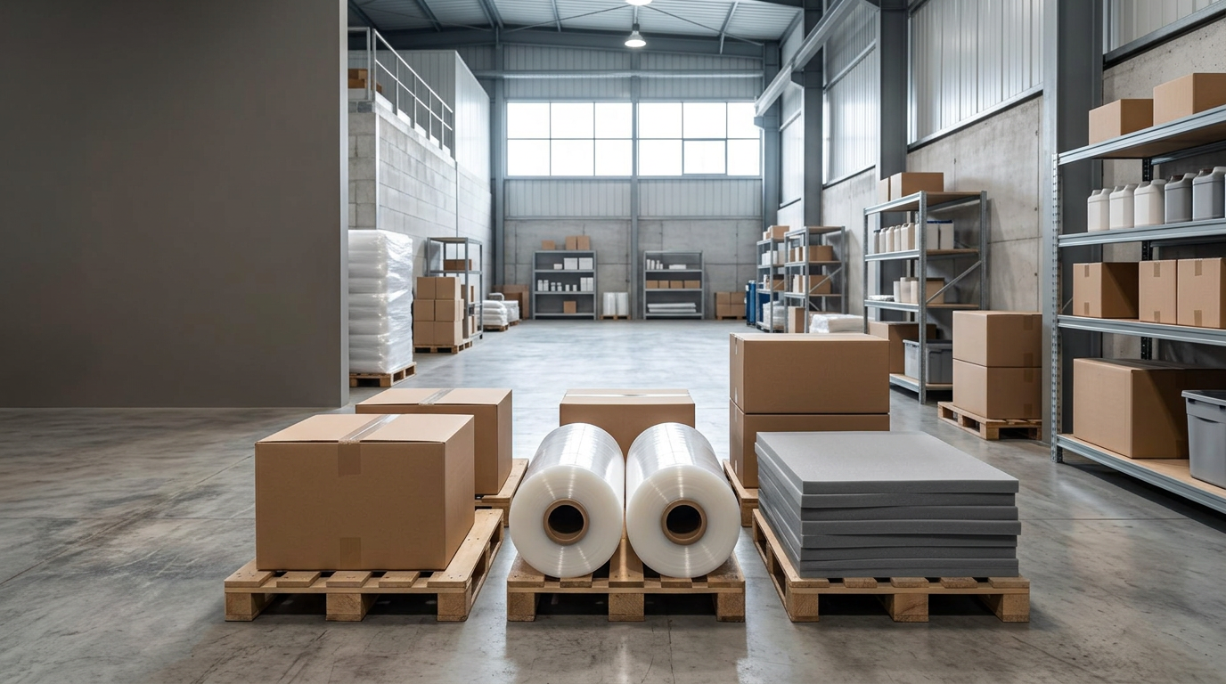 Boxes, film rolls and foam sheets on pallets in a materials workspace (representative image)