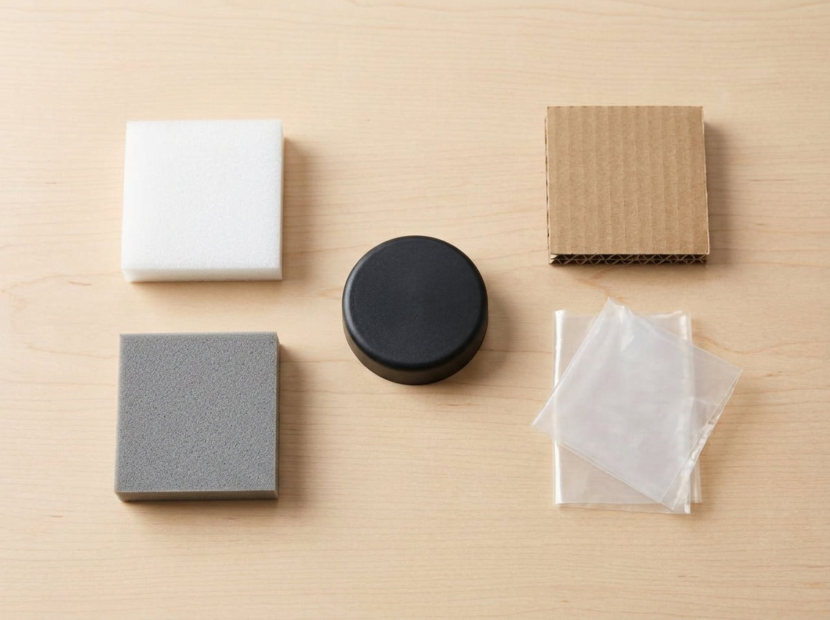 Foam, plastic, corrugated board and film samples on a wooden surface (representative image)