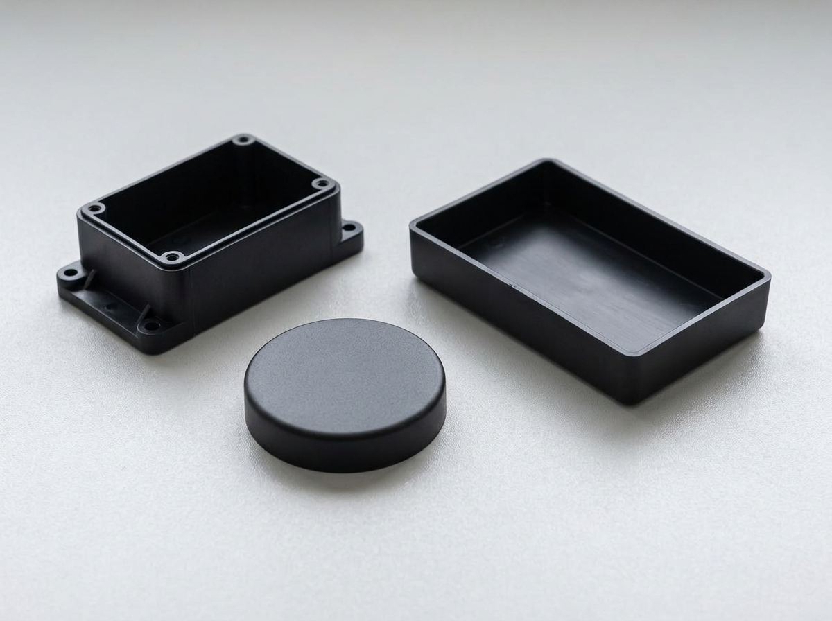 Black plastic housings, a tray and a round cap on a work surface (representative image)